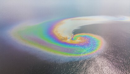 Fototapeta premium Aerial view of a colorful oil slick swirling on water, creating a rainbow effect against the surface.
