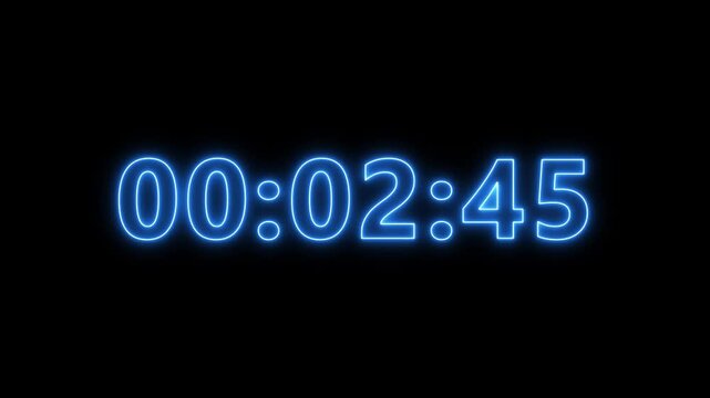 Neon Animated Digital 3 minutes countdown timer Animation . Perfect for Presentation Pauses. HUD user interface with technology stopwatch Digital Countdown. 4K countdown animation on black screen