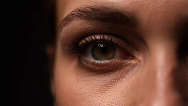 Extreme macro close up of golden brown human eye iris and pupil with detailed eyelashes realistic skin cinematic vision