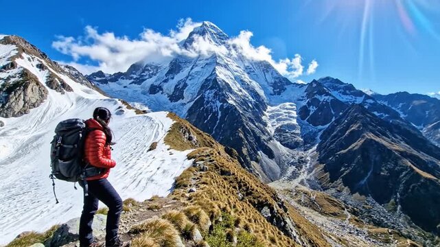A lone hiker, adorned in a vibrant red jacket and a robust backpack, stands confidently on a rugged mountain ridge, immersing themselves in a truly awe-inspiring panoramic vista. Towering snow-capped 