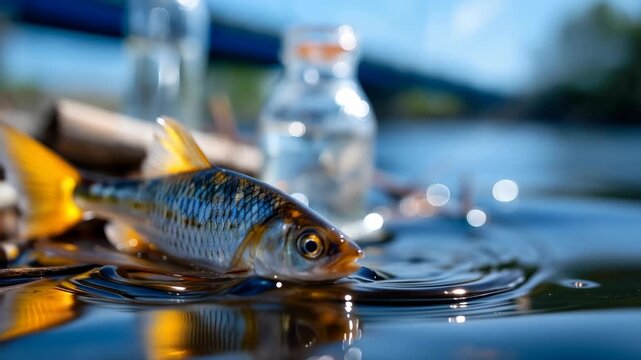 Dead fish in contaminated water symbolizing pollution, ecological damage and environmental crisis