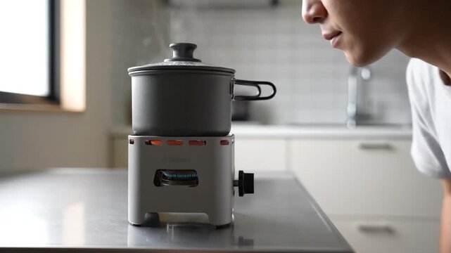 A person is closely observing a small appliance, possibly a mini stove or heater, while turning a knob in a kitchen with natural light from a window. The scene shows progression from initial setup to