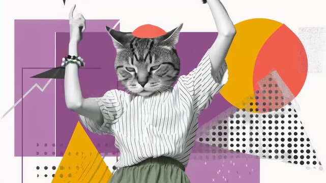 Playful dancing cat collage with modern abstract shapes and bold colors