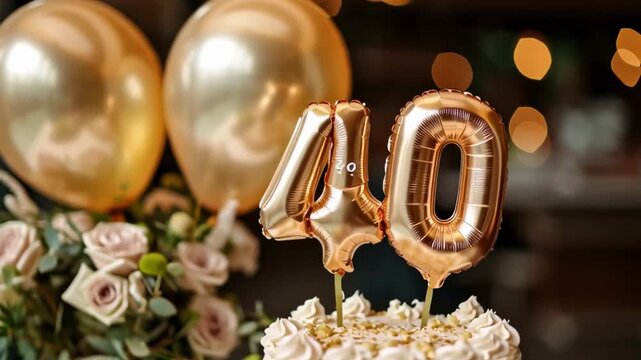 Happy 40th birthday. Gold helium 40 birthday balloons on a birthday cake.
