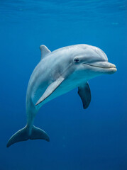Fototapeta premium Dolphin swimming gracefully underwater in clear blue ocean water a beautiful marine animal portrait