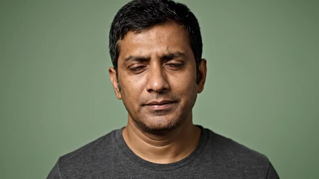 Sequence of a man showing various facial expressions, from concern and surprise to confusion and neutrality, against a plain green background.