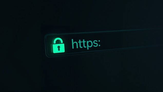 Secure HTTPS connection padlock icon glowing in browser address bar cybersecurity concept