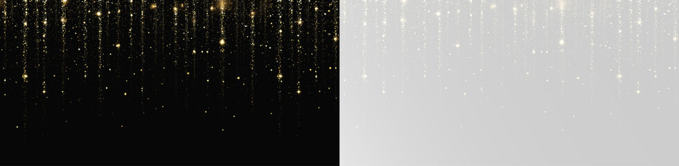 Obraz premium Golden glitter confetti rain with hanging sparkle strings for luxury event invitation and festive web header 
