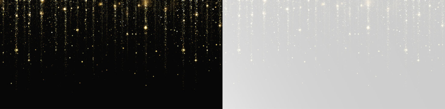 Golden glitter confetti rain with hanging sparkle strings for luxury event invitation and festive web header 