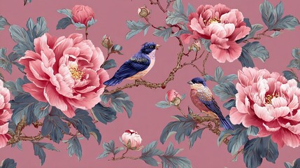 Peonies and birds create a flowing design in a Chinese art style. This vector print is perfect for decorating rooms.