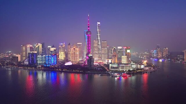 Shanghai skyline with Oriental Pearl Tower and Lujiazui financial district during sunrise and sunset, China. February 15, 2026