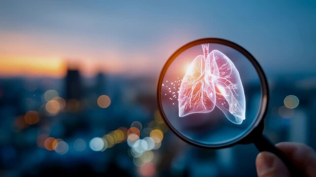 Magnifying glass highlighting lungs over a city skyline, symbolizing air pollution and lung cancer risk