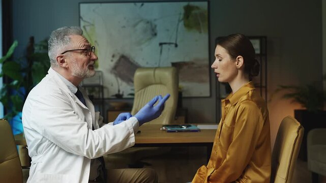 Male otolaryngologist examining woman's neck for swollen lymph nodes, check-up