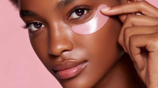 Under eyes mask patch African American woman with smooth skin applying pink eye patch on face