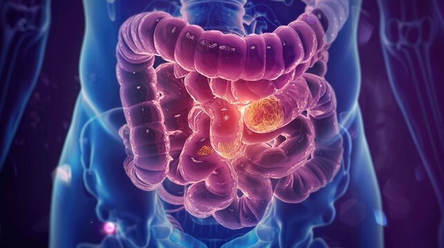 Medical illustration of colon cancer, a malignant tumor forming in the colon or large intestine, one of the most common gastrointestinal cancers. It is often associated with age, diet, genetics,