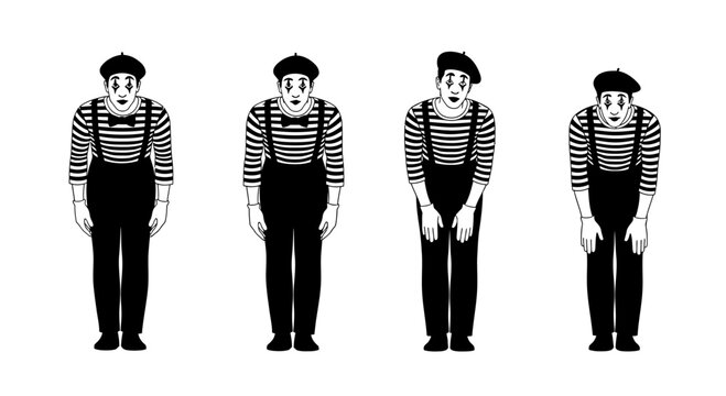 Four Mimes Performing Different Bowing Gestures in Sequence