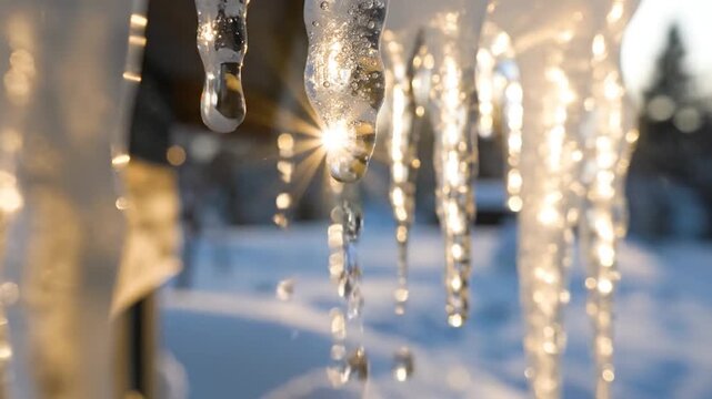 Close-up of glistening icicles melting in the warm sunlight during winter