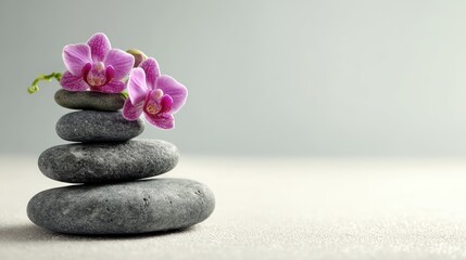 Peaceful Arrangement of Smooth Stones with Delicate Pink Orchids Symbolizing Tranquility, Balance, and Serenity for Wellness Themes