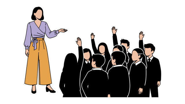 Classroom Engagement: A teacher captivating her students, fostering an environment of active participation. Students enthusiastically raise their hands.