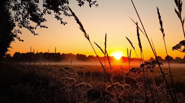 A breathtaking sunrise or sunset casts a warm, golden glow over a misty field, creating a serene and tranquil natural landscape. Silhouetted tall grasses and wildflowers stand against the vibrant oran