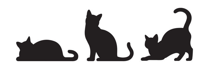 Black cat silhouettes in different poses lying sitting stretching elegant feline shapes animal art © Mukti