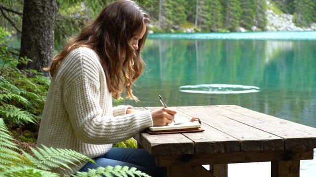 A serene outdoor scene captures a young woman intently writing in a journal at a rustic wooden table by the tranquil, turquoise waters of a pristine lake. Surrounded by lush green ferns and dense fore