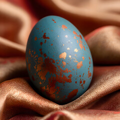 Close-up of a single matte teal egg with a copper splash pattern resting on a bed of autumn-colored silk. - Image #1 @Ai content creator