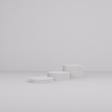 3D Rendered Three White Cylinder Podiums for Minimalist Product Set Display