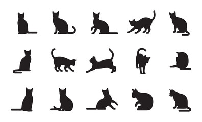 Minimalist cat silhouette grid showcasing fifteen unique feline poses and actions for modern professional designs © Mukti