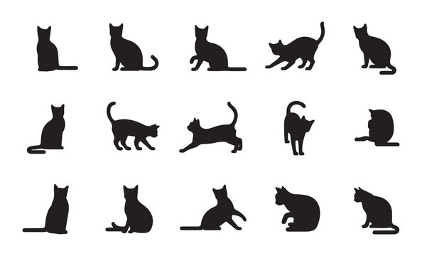 Minimalist cat silhouette grid showcasing fifteen unique feline poses and actions for modern professional designs