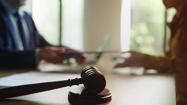 Male lawyer and woman client shaking hands after signing legal agreement