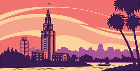 Fototapeta premium Oakland sunset skyline vector featuring Tribune Tower and Lake Merritt skyline. West Coast sunset gradient in pink, orange, and purple tones behind a clean skyline silhouette