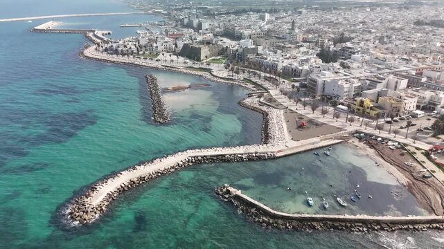 Aerial Drone View of Mola di Bari Coastal Town in Puglia, Italy