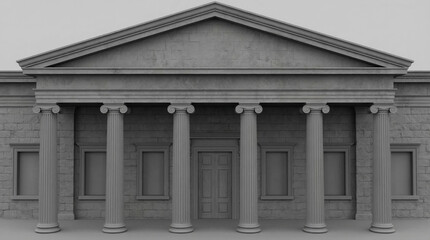 Obraz premium A grand classical building facade with majestic ionic columns stands prominently under a clear sky