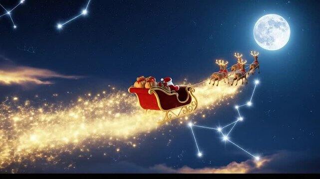 Santa Claus flying in his sleigh with reindeer through the night sky.