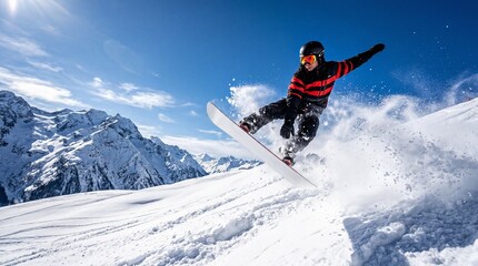 Dynamic Snowboarder Jumping High in Pristine Snowy Mountain Landscape Under Clear Blue Sky