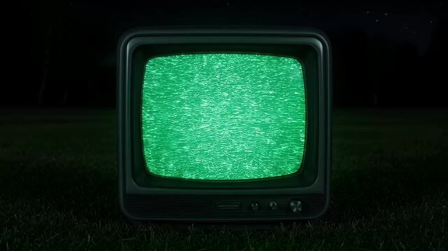 Old television set displaying static interference in a grassy field at night