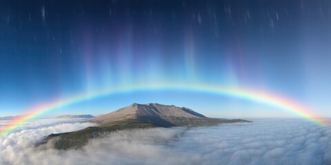 Fototapeta premium Mountain peak rises above clouds. Vivid rainbow arcs across sky, illuminated streaks visible. Dramatic landscape, beautiful colors.
