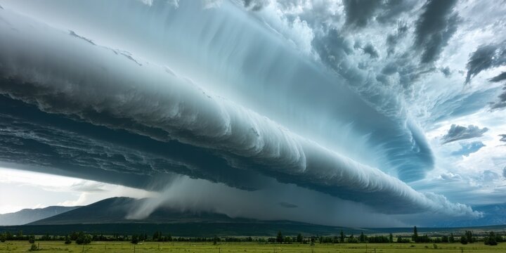 Dramatic sky, rolling clouds dominate landscape. Dark tones contrast bright light, creating powerful visual impact. Fields stretch toward distant mountains.