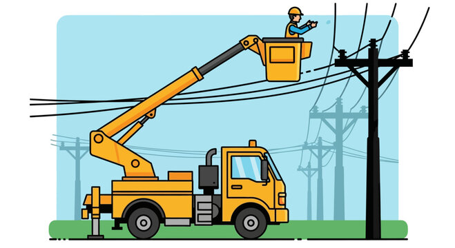 Electrician in bucket truck repairing power lines on utility pole