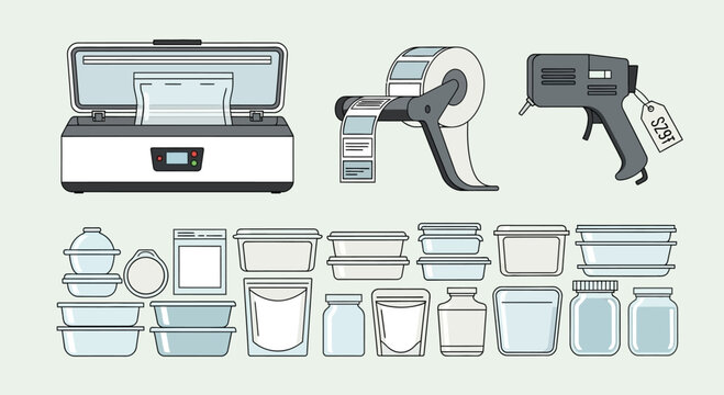 Food Packaging and Sealing Equipment Collection: Vacuum Sealer, Label Printer, Hot Glue Gun, Containers