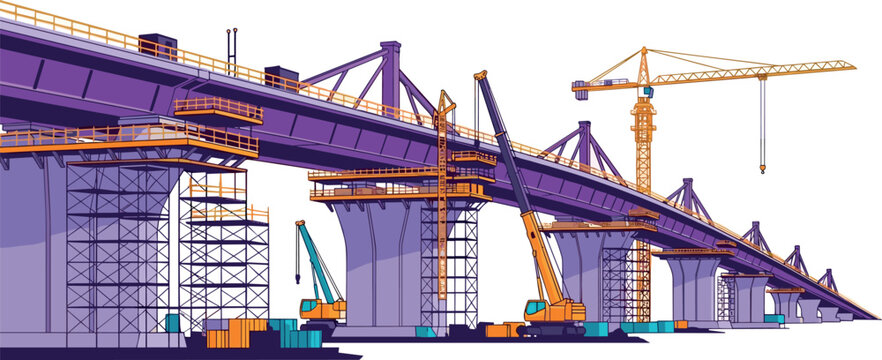 A large bridge under construction with cranes and scaffolding on transparent background