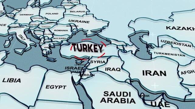 A 3D world map highlights TURKEY, and the Middle East,