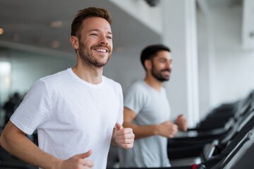 Fototapeta premium Male caucasian adult smiling on treadmill in gym running workout health fitness cardio routine for wellbeing