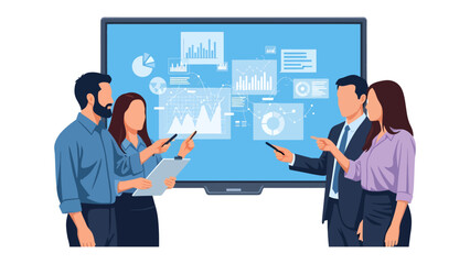 Business Presentation: A dynamic group of professionals collaborate around a digital screen, analyzing data visualization in a modern workspace environment. 