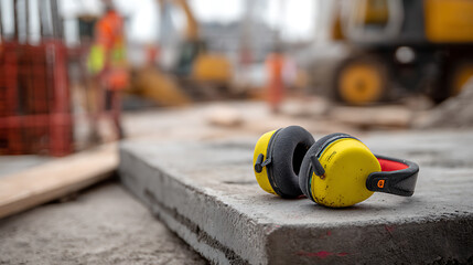 Yellow hearing protection ear defenders sit on a concrete slab at a construction site with blurred heavy machinery in the background representing safety