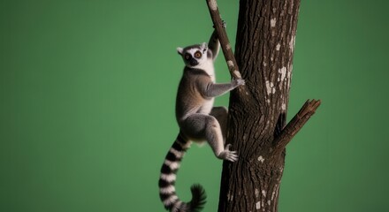 Fototapeta premium Lemur Climbing Tree in Natural Habitat with Green Background