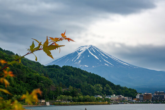 Mount Fuji rising above Lake Kawaguchi with forested hills and lakeside town under cloudy sky, iconic Japanese landscape in real life.