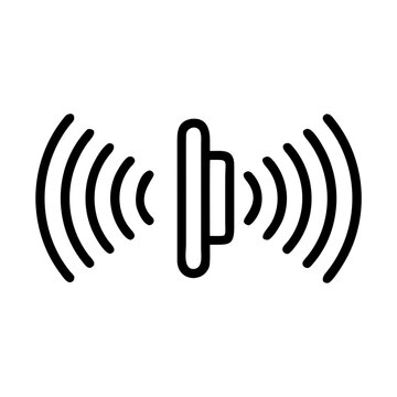 A minimalist vector graphic of a speaker icon with sound waves on a white background