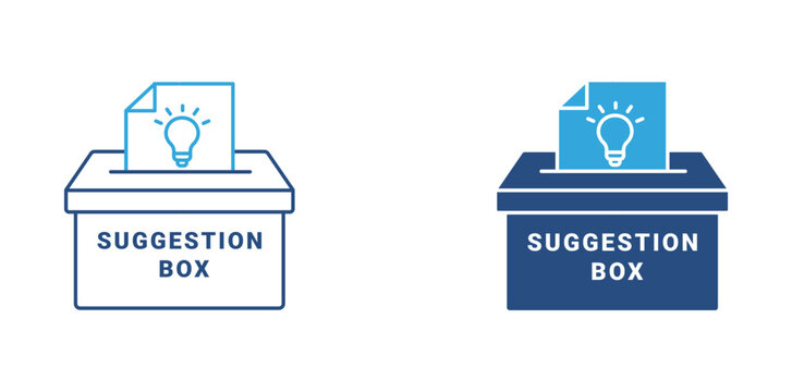Suggestion box icon set. Feedback idea submission box with light bulb document icon, customer suggestion concept. Vector illustration.